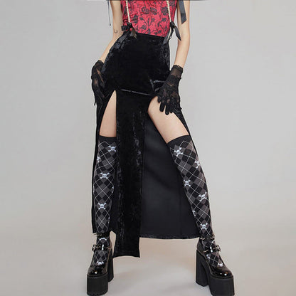 Damen Rippstrickrock Samt SeitenSchlitze Schwarz - Norvielle