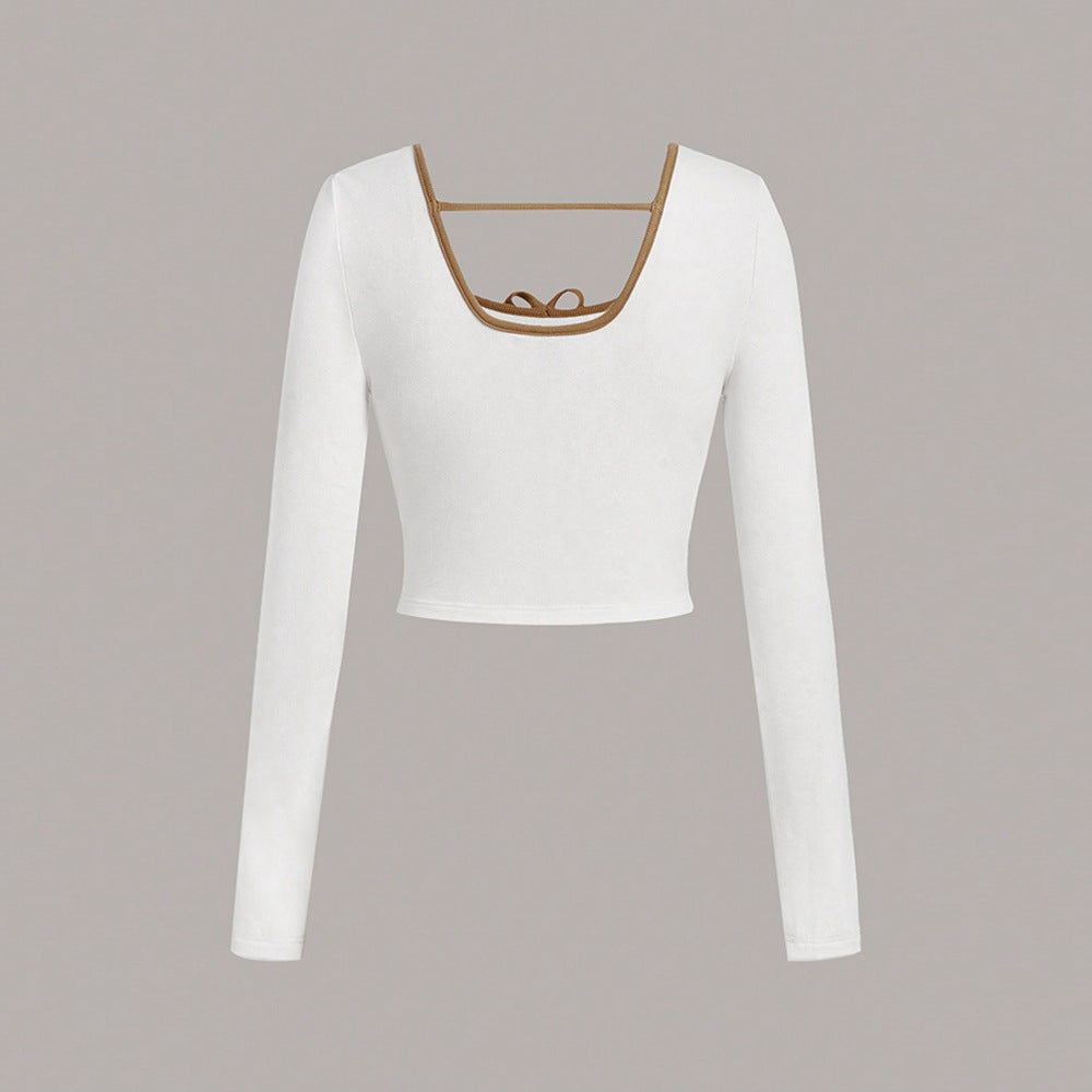 Damen Cropped Langarmshirt Quadrat-Ausschnitt Knoten-Detail Weiße