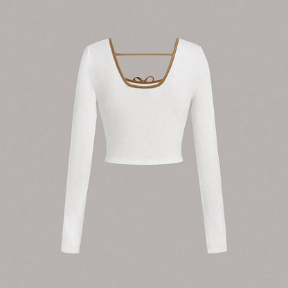Damen Cropped Langarmshirt Quadrat-Ausschnitt Knoten-Detail Weiße