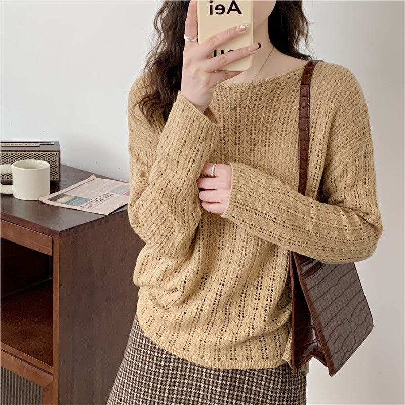 Damen Strickpullover Luftiger Netzdesign Beige