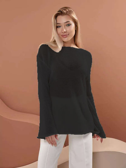 Damen Off-Shoulder Pullover Feinstrick Weit Schnitt Beige