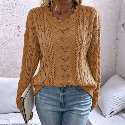 Damen Strickpullover V-Ausschnitt Netzstruktur Norvielle