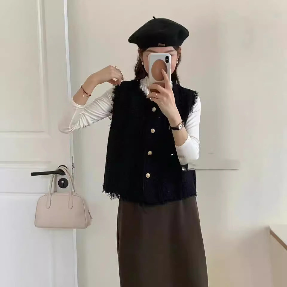 Damen Strickweste Stufenlos Mit Knöpfen und Fransen Beige