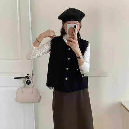 Damen Strickweste Stufenlos Mit Knöpfen und Fransen Beige