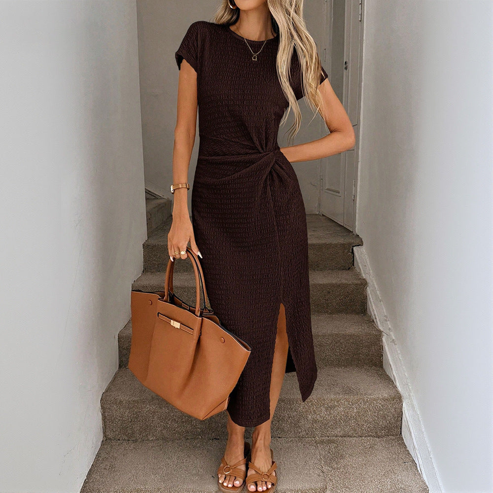 Damen Maxikleid Eleganter Knoten Hocher Seitenschlitz Schwarz - Norvielle