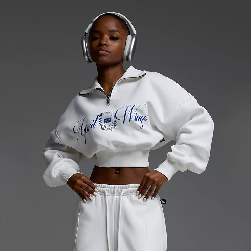 Damen Cropped Sweatshirt Hochkragen Bequem Grau