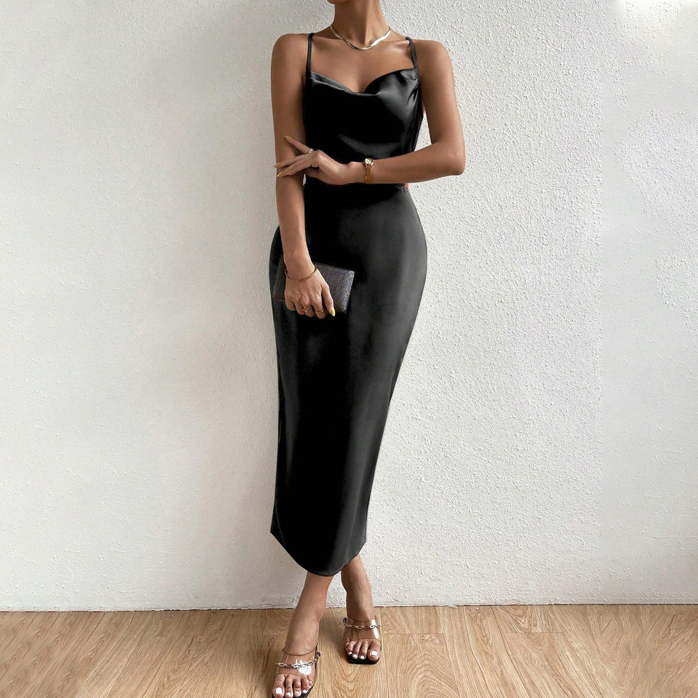 Damen Satin Maxikleid V-Ausschnitt Feine Träger Elegantes Design