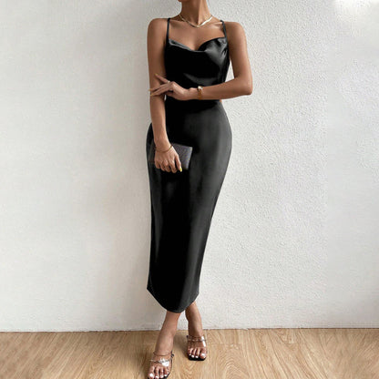 Damen Satin Maxikleid V-Ausschnitt Feine Träger Elegantes Design