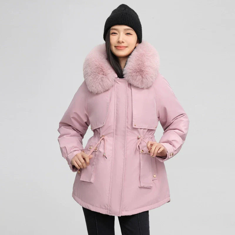 Damen Parka Mantel Verstellbare Taille Abnehmbarer Fellkragen