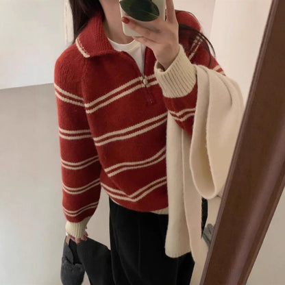 Damen Strickpullover Halbreißverschluss Gestreift Norvielle - Norvielle