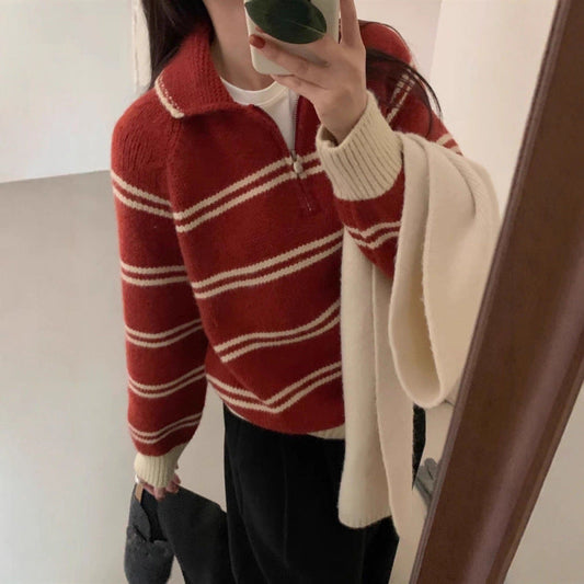 Damen Strickpullover Halbreißverschluss Gestreift Norvielle - Norvielle