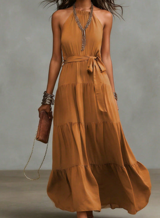 Damen Maxikleid Taillengürtel Tiefes Rückendesign