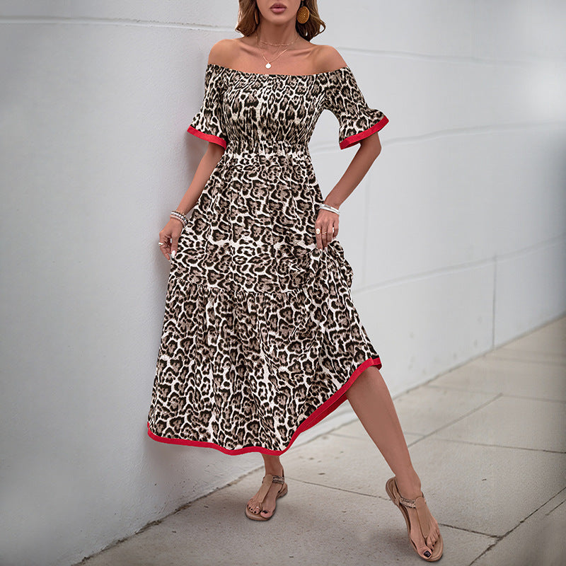 Damen Maxikleid Off-Shoulder Rüschendetails Tiermuster