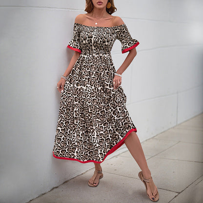 Damen Maxikleid Off-Shoulder Rüschendetails Tiermuster
