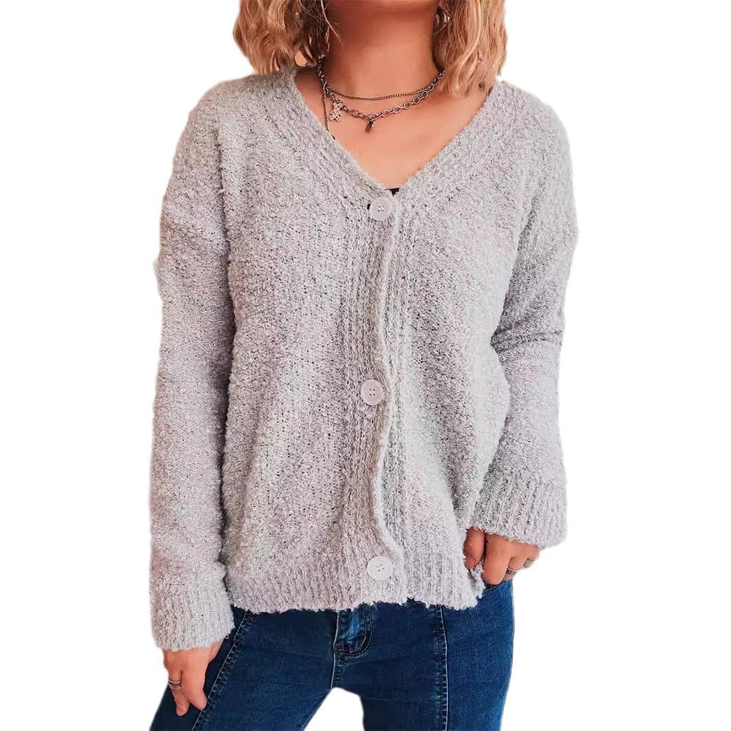 Damen Strickcardigan V-Ausschnitt Knöpfe Beige