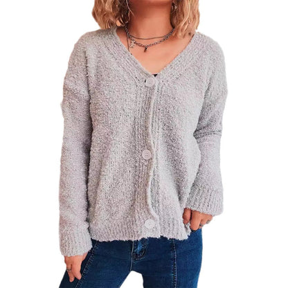Damen Strickcardigan V-Ausschnitt Knöpfe Beige
