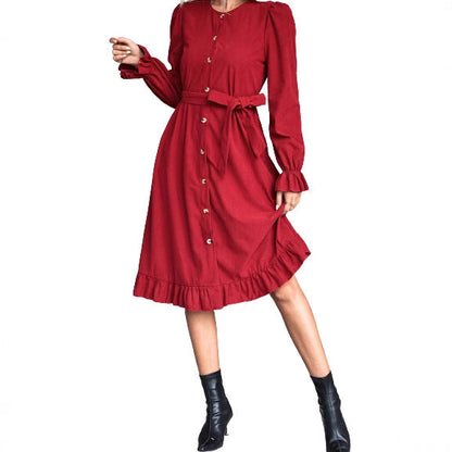 Damen Wickelkleid Langärmlig Knöpfe Tailliert