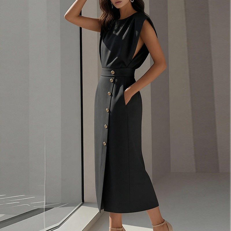 Damen Elegantes Midi-Kleid mit Knöpfen und Seitenschlitz Norvielle