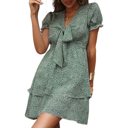 Damen Kleid Kurzarm Rüschen Schleife Norvielle