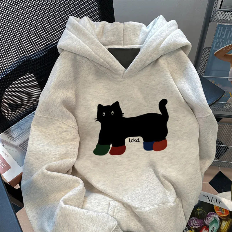 Damen Kapuzenpullover Weites Katzenmotiv Norvielle