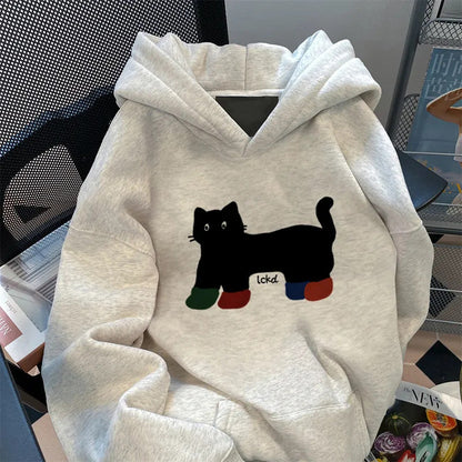 Damen Kapuzenpullover Weites Katzenmotiv Norvielle
