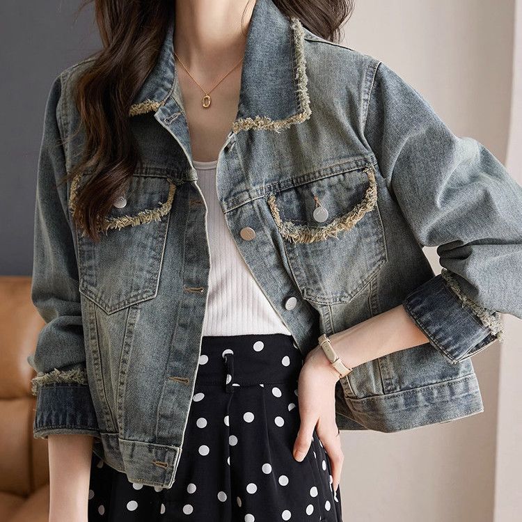 Damen Denimjacke Lässig Mit Fransen