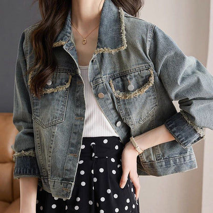 Damen Denimjacke Lässig Mit Fransen