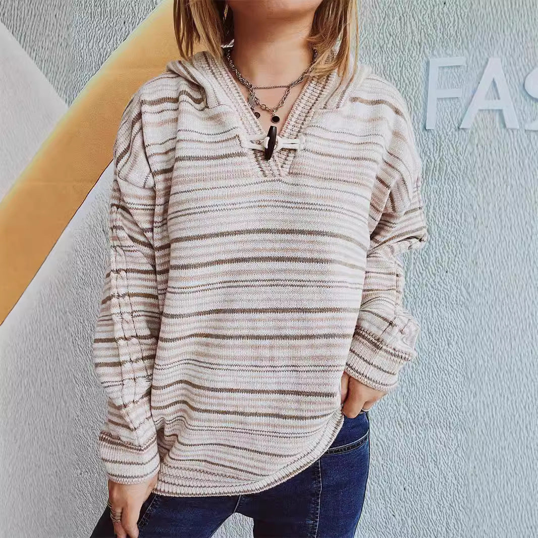 Damen Hoodie Gestreift Breite Ärmel Kordelzug Norvielle