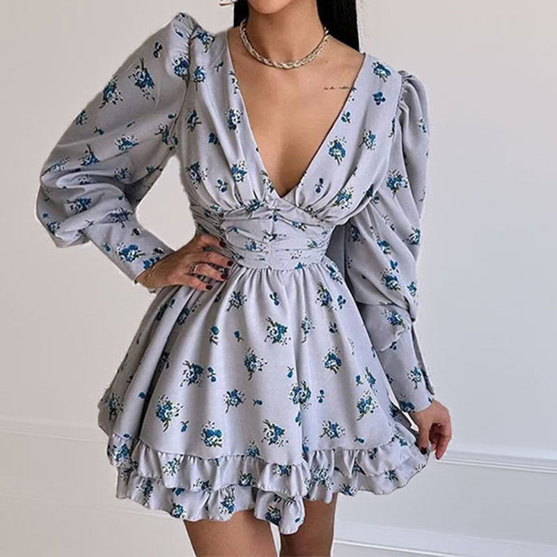 Damen Blumenkleid Voluminöse Ärmel Geraffter Rock Norvielle