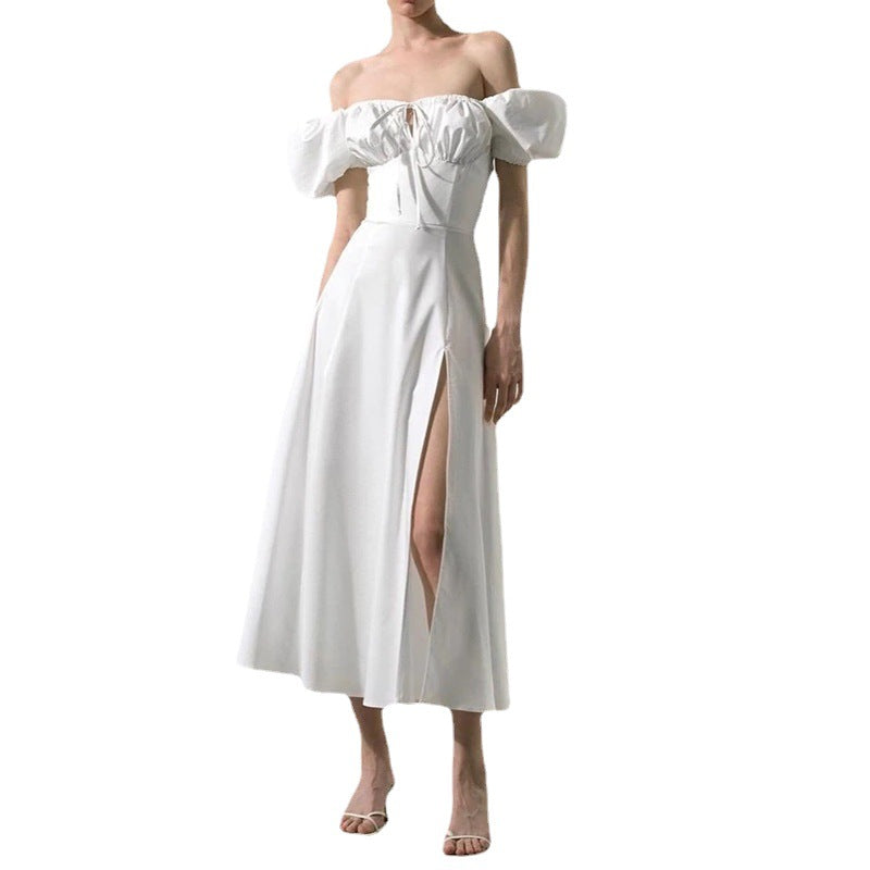Damen Maxikleid Schulterfrei Puffärmel Norvielle