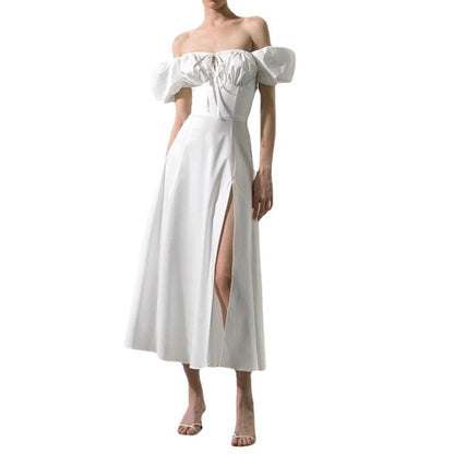 Damen Maxikleid Schulterfrei Puffärmel Norvielle