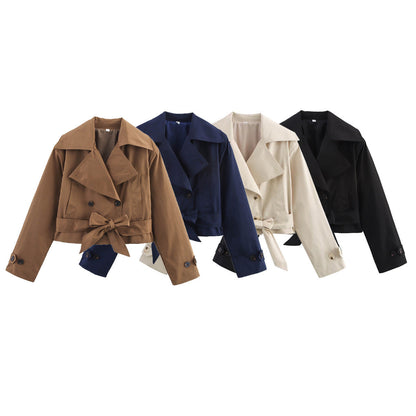 Damen Kurzjacke Breiter Kragen Bindegürtel Norvielle