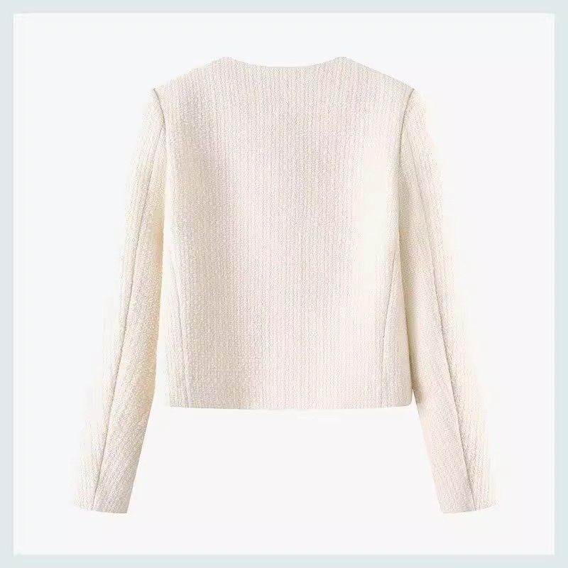 Damen Kurzjacke Tweed-Stil Goldknöpfe Beige