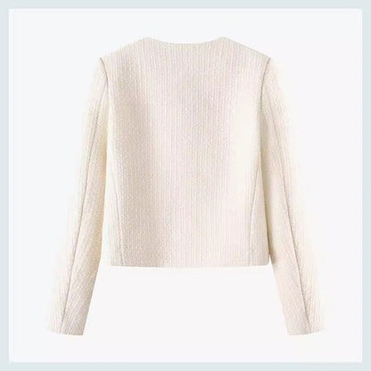 Damen Kurzjacke Tweed-Stil Goldknöpfe Beige