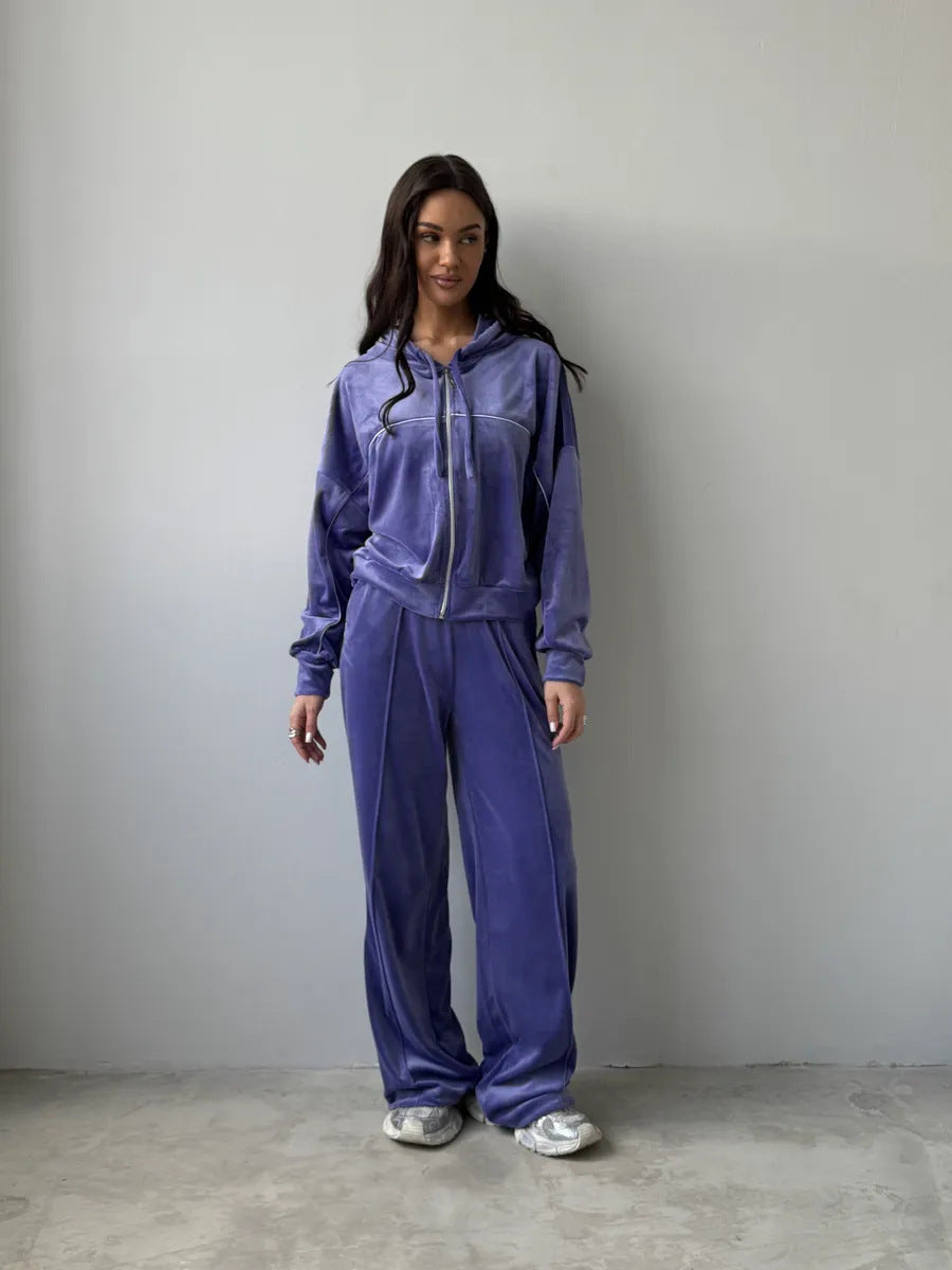 Damen Sportlicher Velour-Anzug mit Kapuze Elastisch