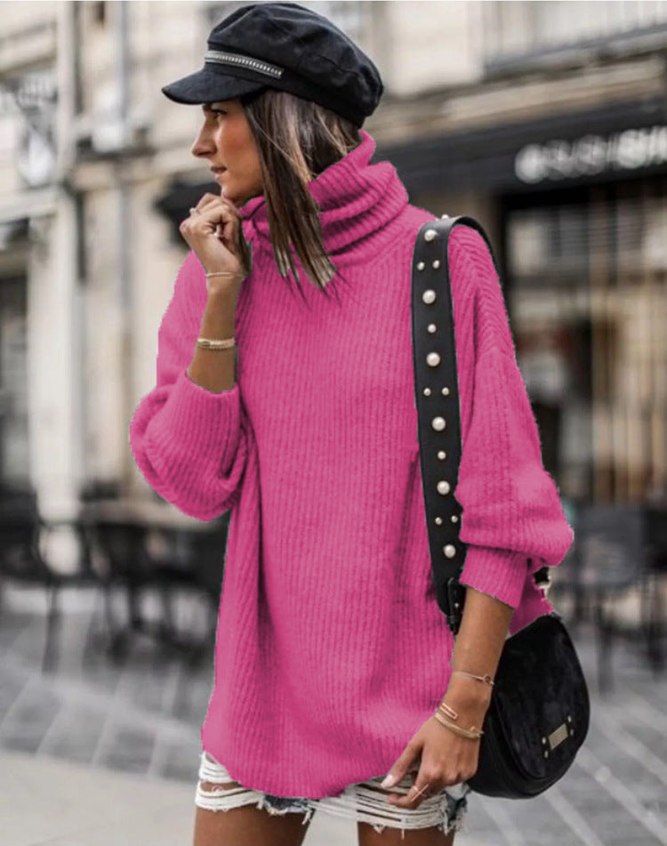 Damen Grobstrickpullover Hochkragen Elegante Knöpfe Norvielle