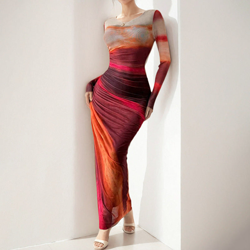 Damen Maxikleid Langarm Elegantes Drapieren