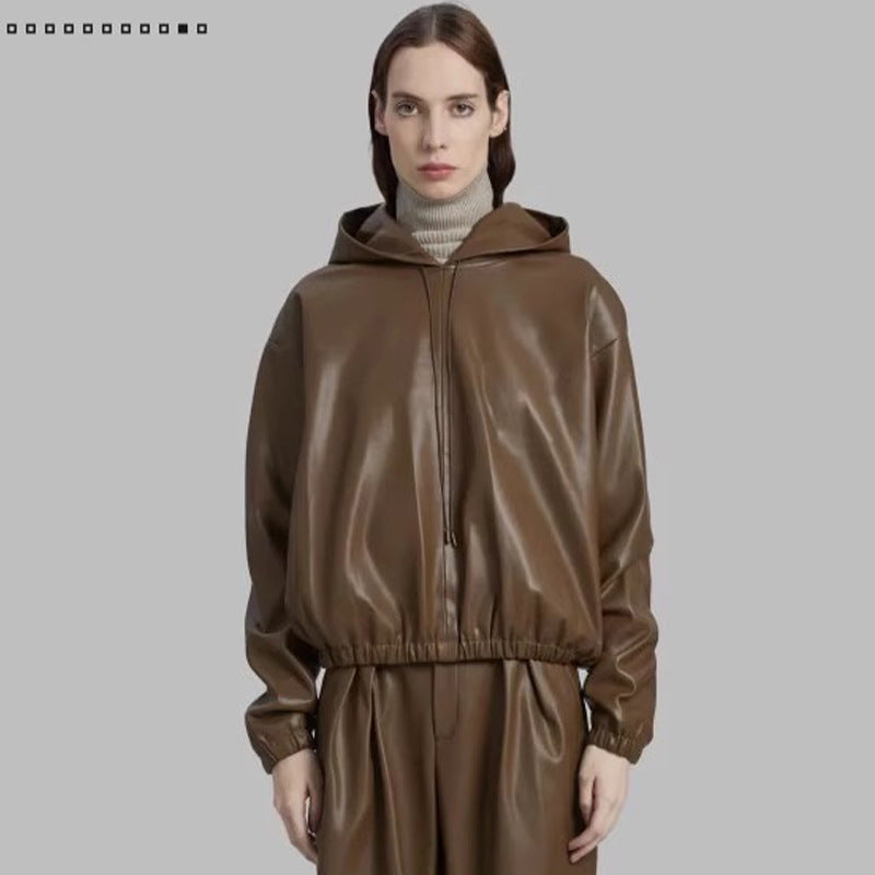 Damen Lederjacke mit Kapuze Kunstleder Schwarz - Norvielle