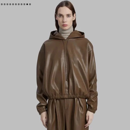 Damen Lederjacke mit Kapuze Kunstleder Schwarz - Norvielle