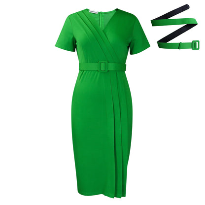 Damen Midi-Kleid Asymmetrisch Wickel-Design Gürtel Norvielle