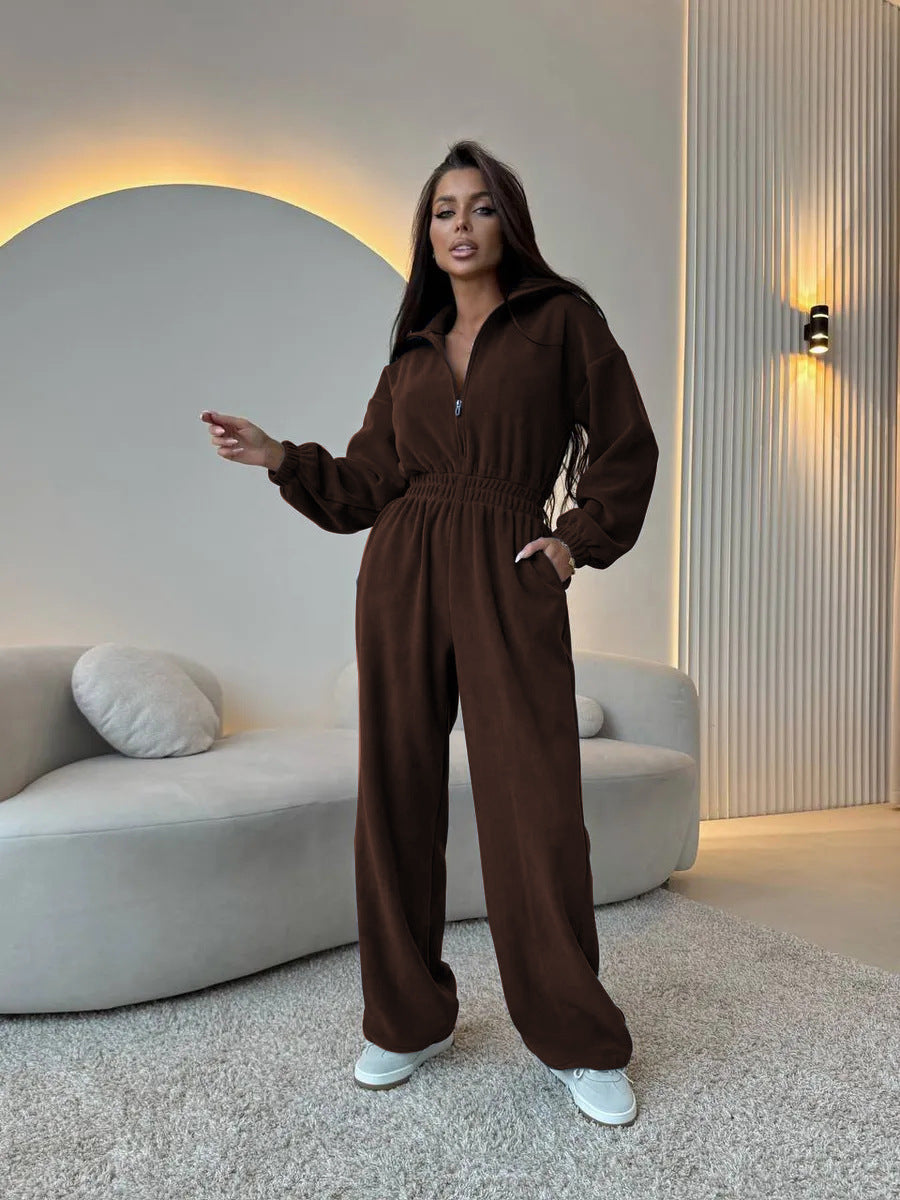 Damen Sportlicher Jumpsuit High-Waist Verdeckter Reißverschluss