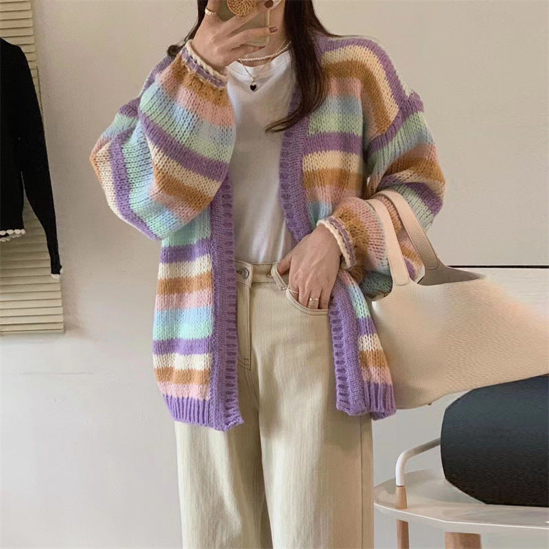 Damen Strickcardigan Bunt Streifenmuster Weite Ärmel - Norvielle