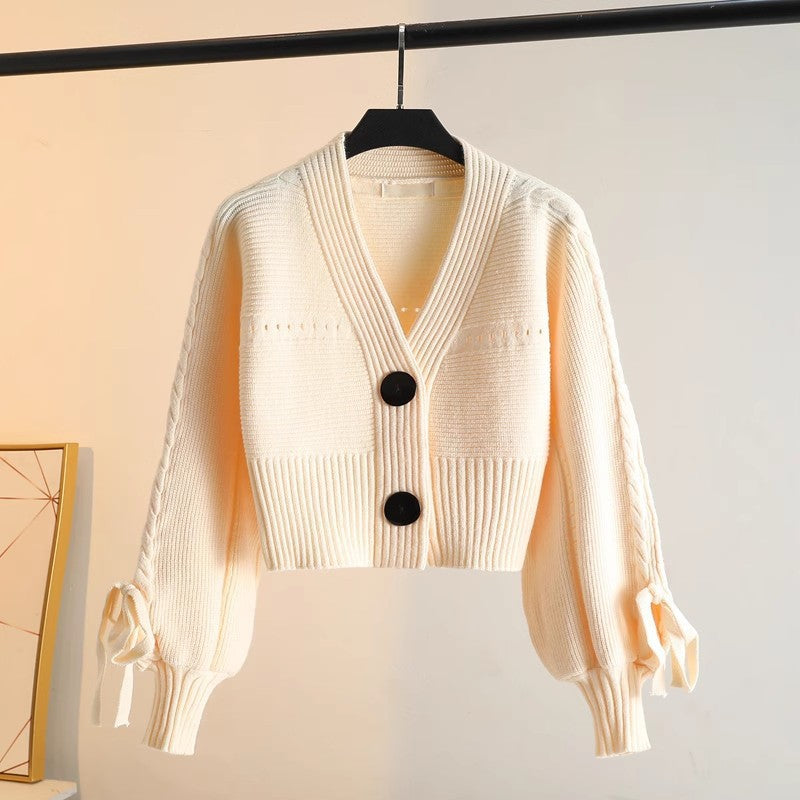 Damen Cropped Cardigan Elegant Knöpfe Rippstruktur Beige