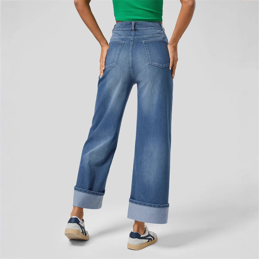 Damen Weite Denim-Hose Umschlag-Saum