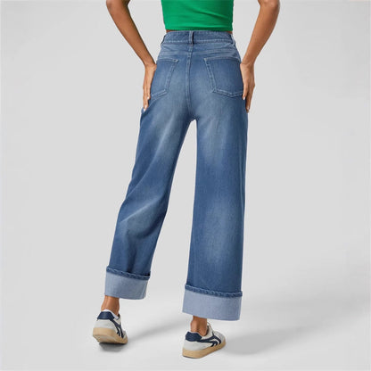 Damen Weite Denim-Hose Umschlag-Saum