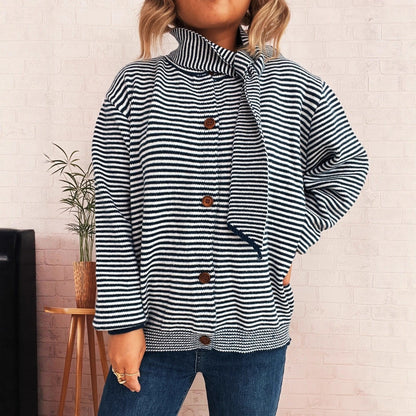 Damen Strickcardigan Gestreift Mit Hochem Kragen Dekorative Knöpfe