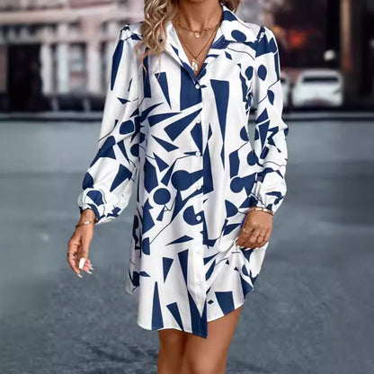 Damen Blusenkleid Geometrisches Muster Knöpfe Beige