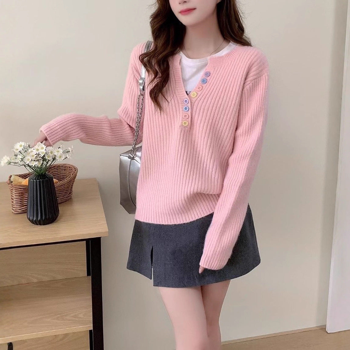 Damen Kuschel-Pullover Rundhalsausschnitt Knopfleiste Norvielle - Norvielle