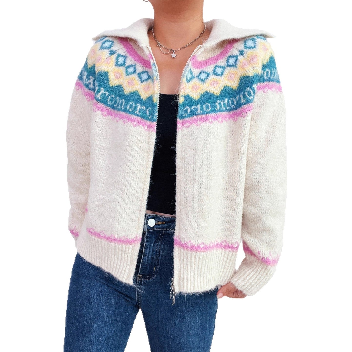 Damen Strickjacke Floralmuster Modern Reißverschluss Norvielle