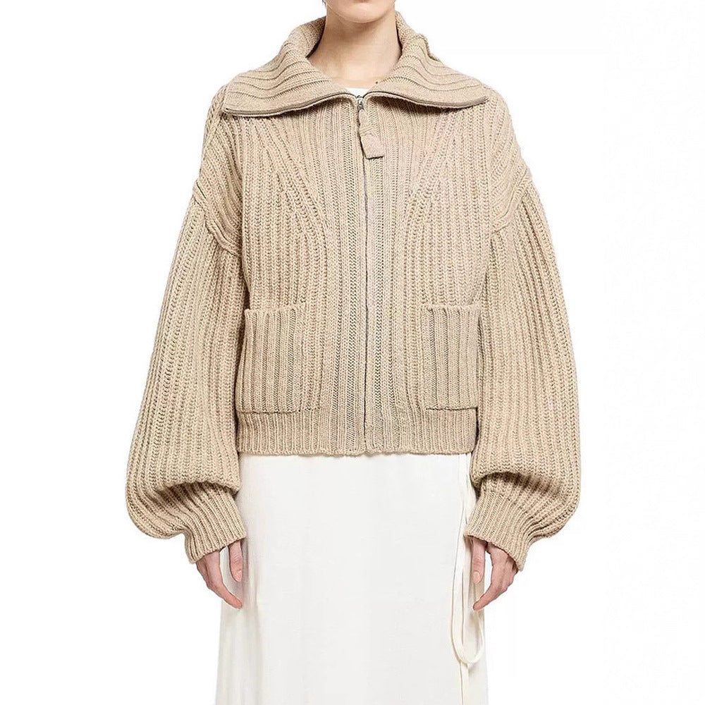 Damen Grobstrickpullover mit hohem Kragen und Taschen Norvielle